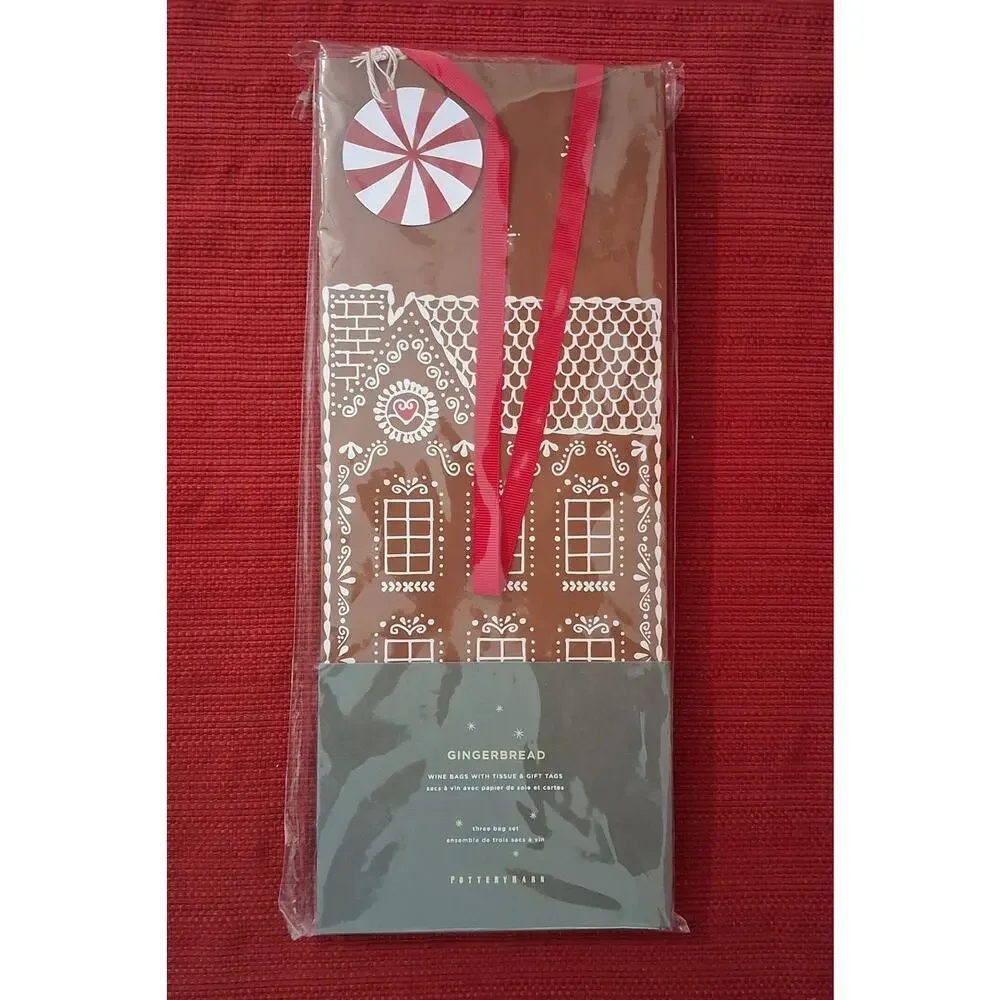 Pottery Barn 3 GINGERBREAD HOUSE WINE BAGS Tissue Paper Gift Tag CHRISTMAS Wrap
